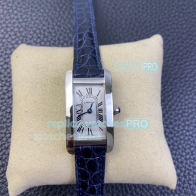 Swiss Replica Cartier Tank Americaine Silver Dial Navy Leather Ladies Watch